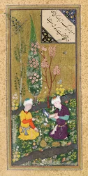 Ms C-860 fol.9a Two Figures Reading and Relaxing in an Orchard, c.1540-50